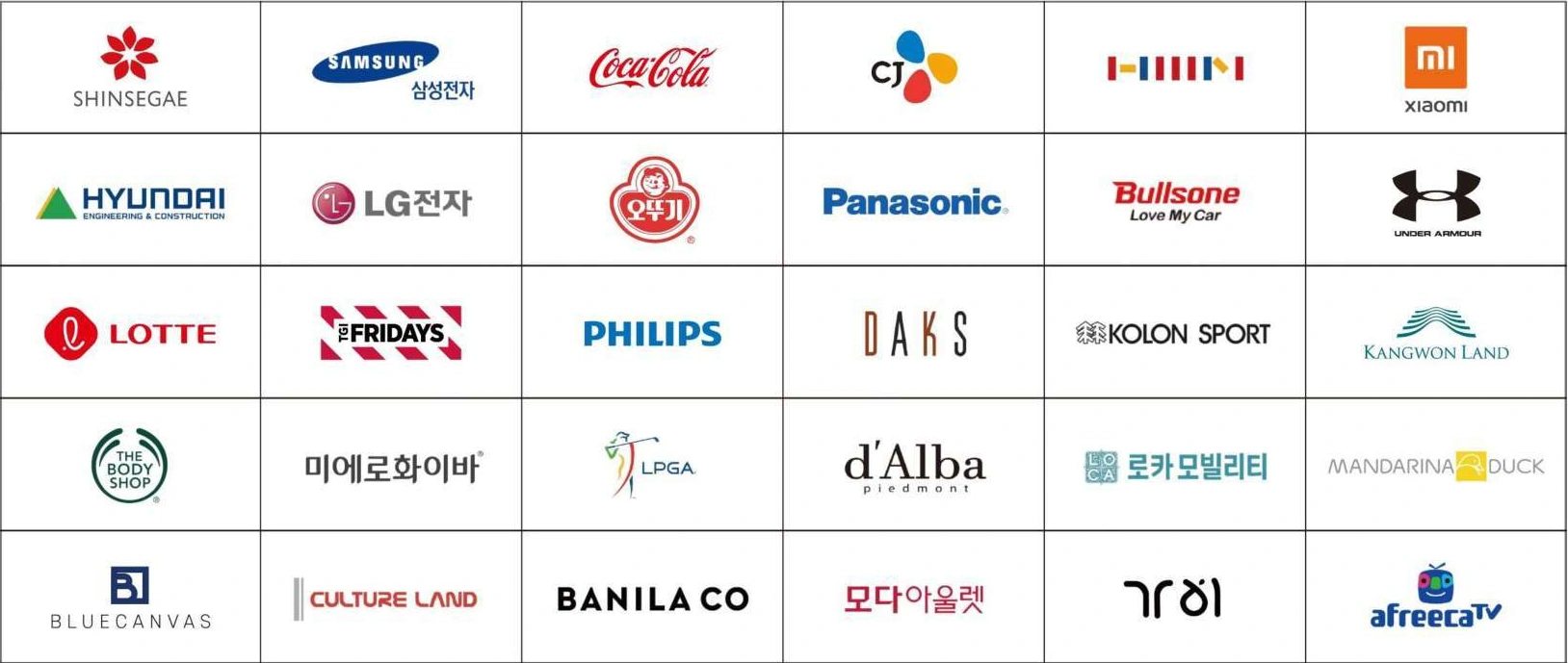 클라이언트: 신세계, 삼성전자, 코카콜라, CJ, 샤오미, 현대건설, LG전자, 오뚜기, 파나소닉, 불스원, 언더아머, 롯데, TGI 프라이데이스, 필립스, 닥스, 코오롱스포츠, 강원랜드, 더바디샵, 미에로화이바, LPGA, 달바, 로카모빌리티, 만다리나덕, 블루캔버스, 컬쳐랜드, 바닐라코, 모다아울렛, 아프리카TV 등의 로고